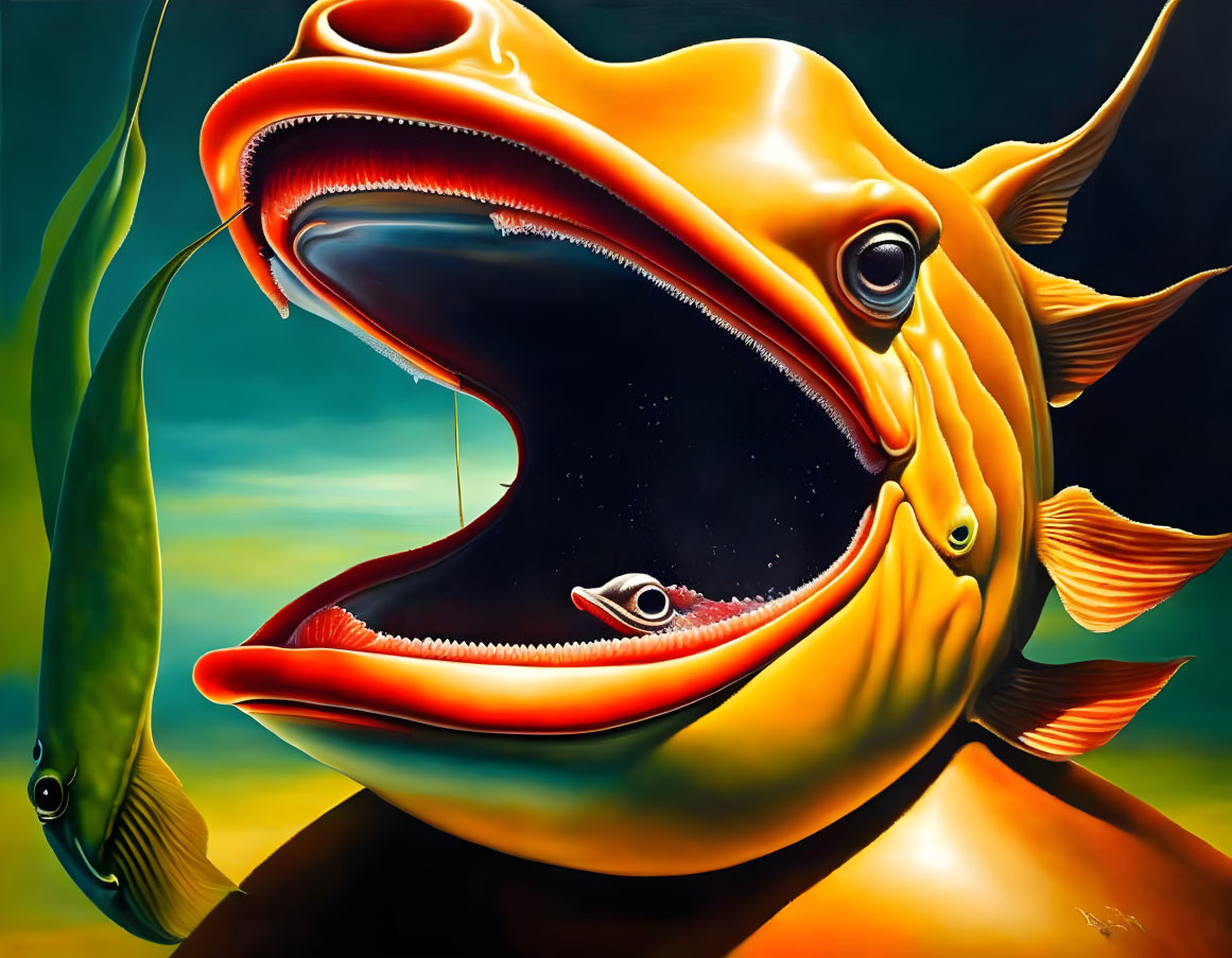 Surreal painting: Large fish with open mouth, smaller fish inside, greenish-blue background.