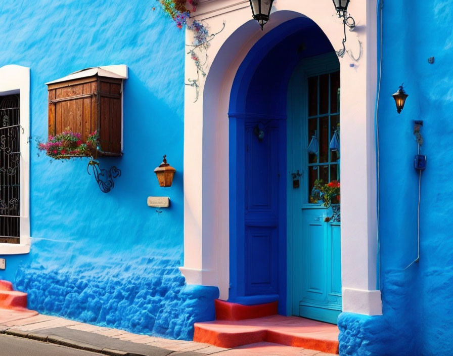 Vibrant blue building with red steps and decorative window boxes.