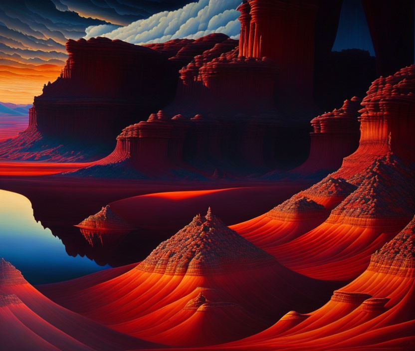 Layered red rock formations in surreal landscape with sand dunes and reflective water