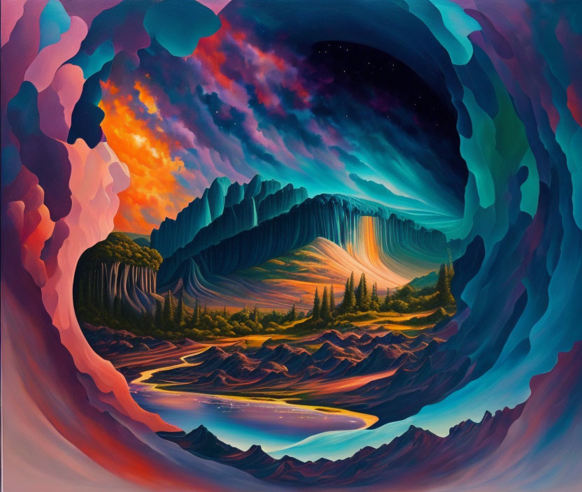 Surreal landscape painting with starry sky, mountain, waterfall, trees, river, and cave