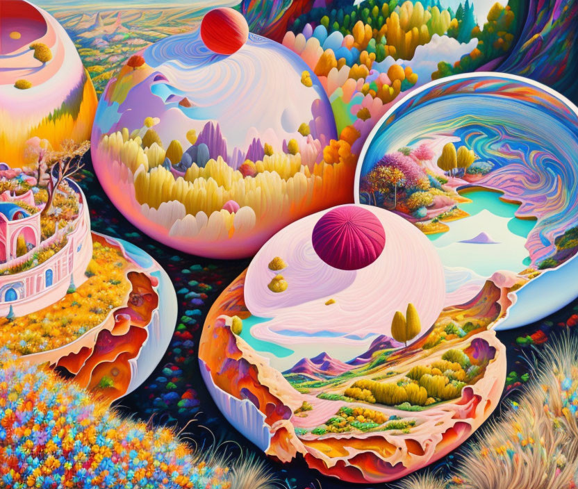 Colorful surreal landscape with floating islands and whimsical structures