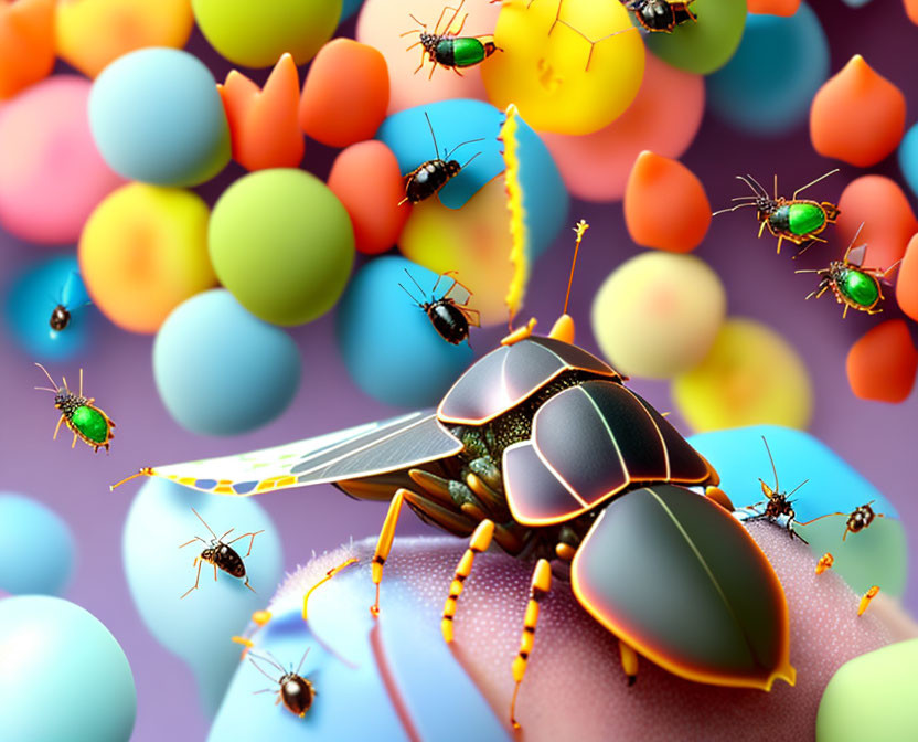 Detailed digital artwork: Metallic beetle among smaller insects on colorful sphere backdrop