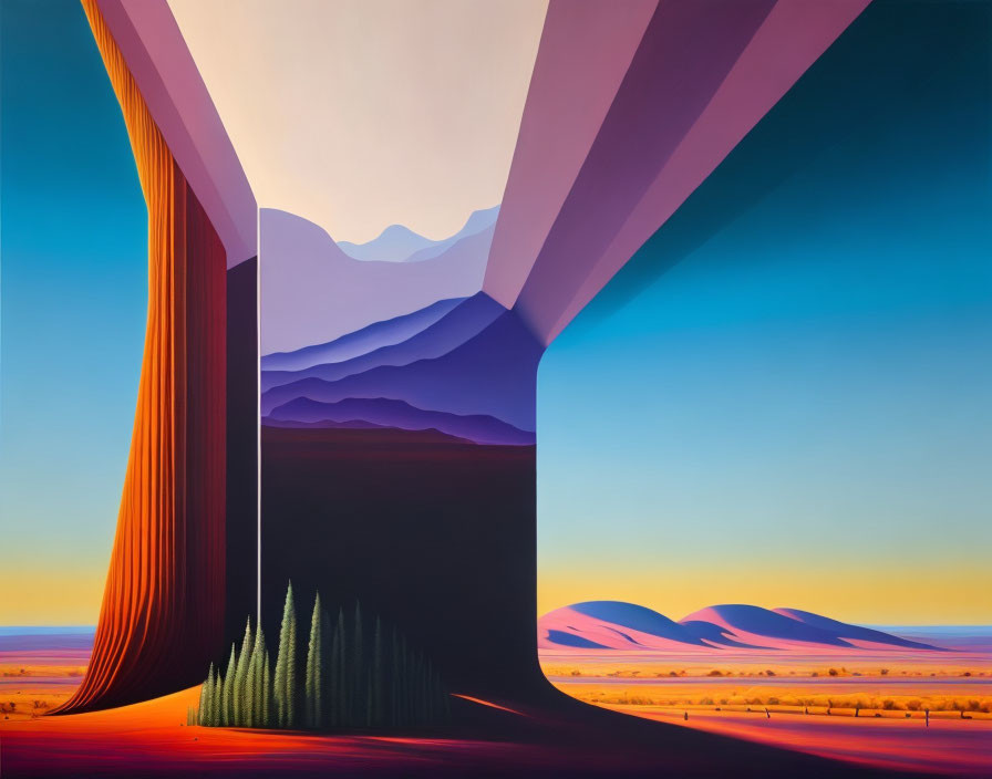 Surreal desert landscape with geometric structures and layered mountains