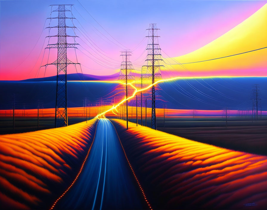 Colorful digital artwork: Power lines under sunset horizon