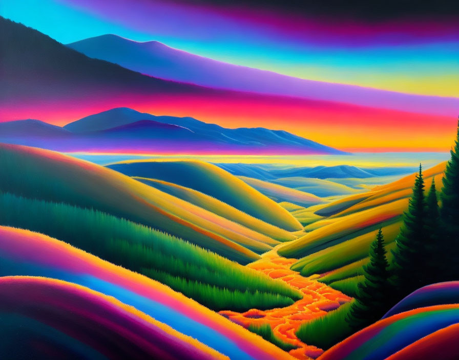 Colorful Sunset Over Rolling Hills and River