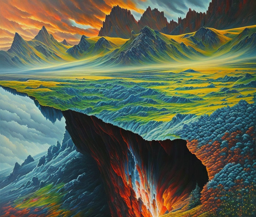 Vibrant painting of cascading cliff, fiery core, lush valley, and dramatic mountains under dynamic