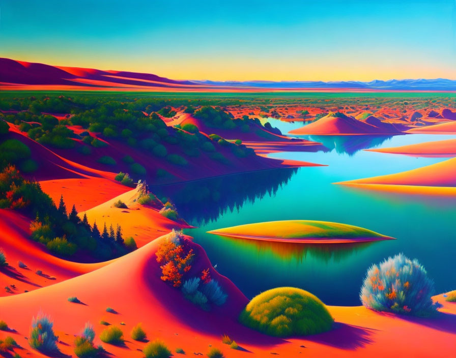 Colorful surreal landscape: red-orange sand dunes, blue water, green vegetation