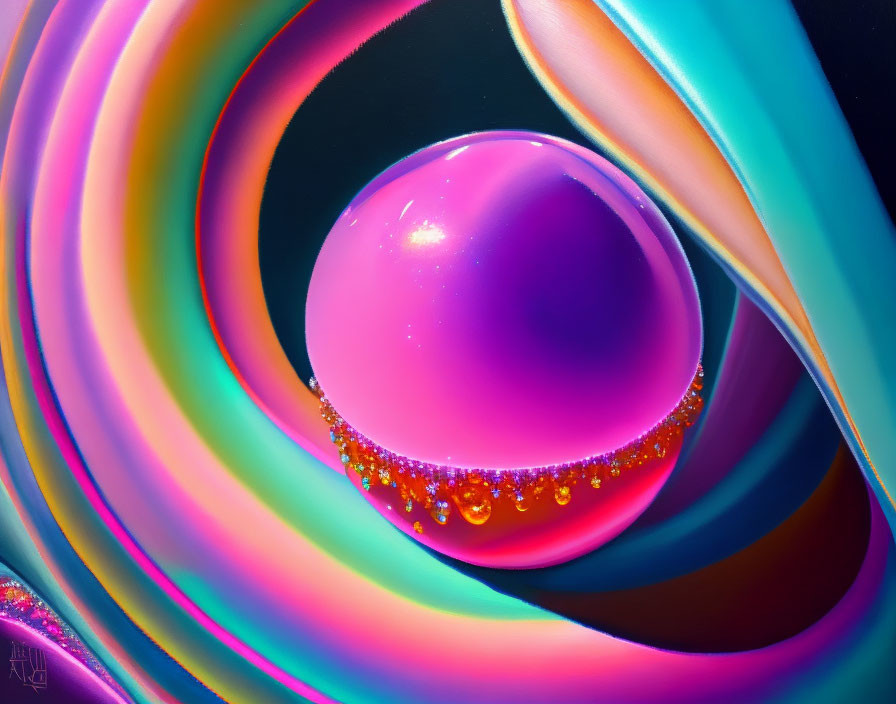 Colorful abstract art with swirling blue and purple lines and a central pink sphere