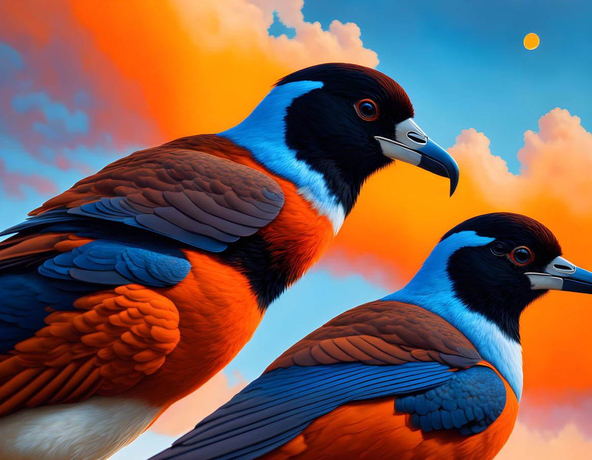 Colorful Birds in Sunset Sky: Vibrant Duo Against Orange Backdrop