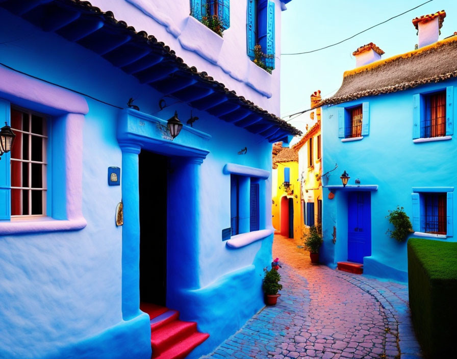 Colorful Street Scene: Blue and Turquoise Houses, Red Stairs, Cobblestone Path,