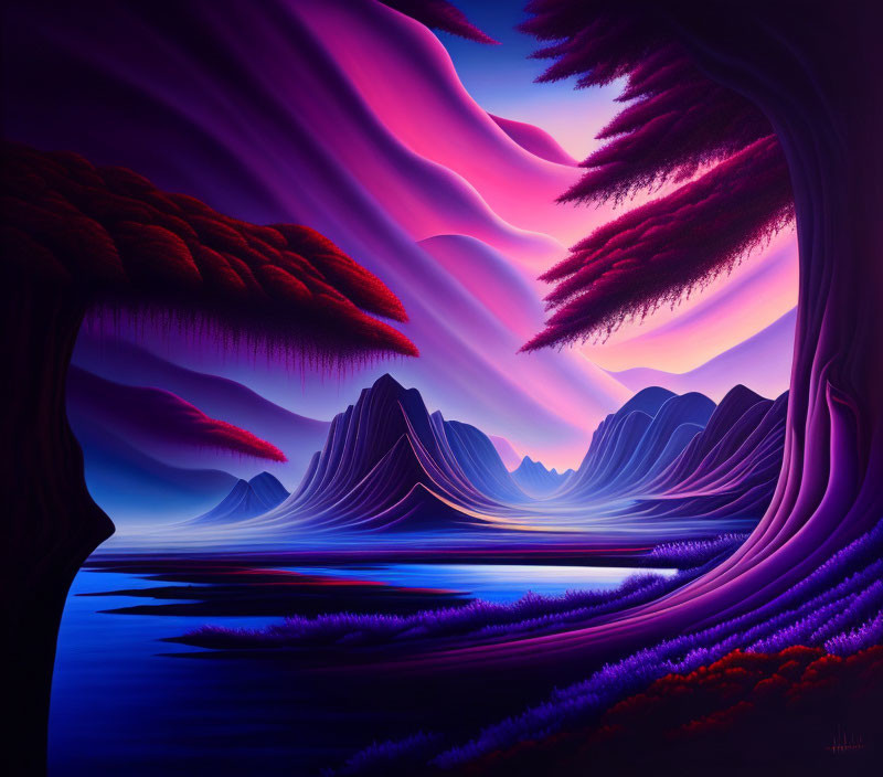 Scenic landscape with purple skies, stylized trees, and serene mountains reflected in water