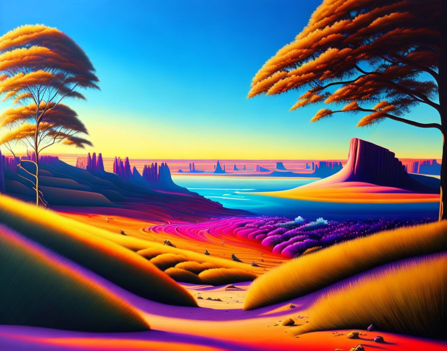 Colorful Landscape with Red and Yellow Dunes, Purple Foliage, Blue Water, and Orange