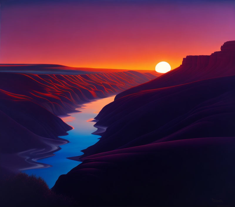 Scenic painting of river canyon at sunset