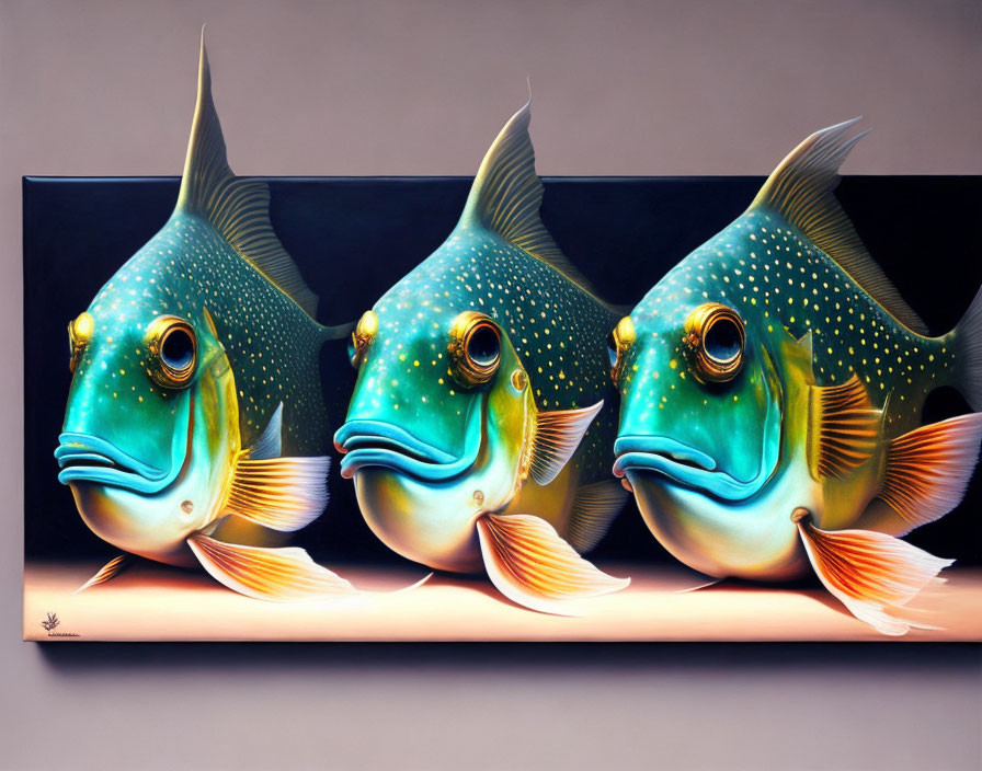 Colorful stylized fish with fins and spotted patterns on muted background.