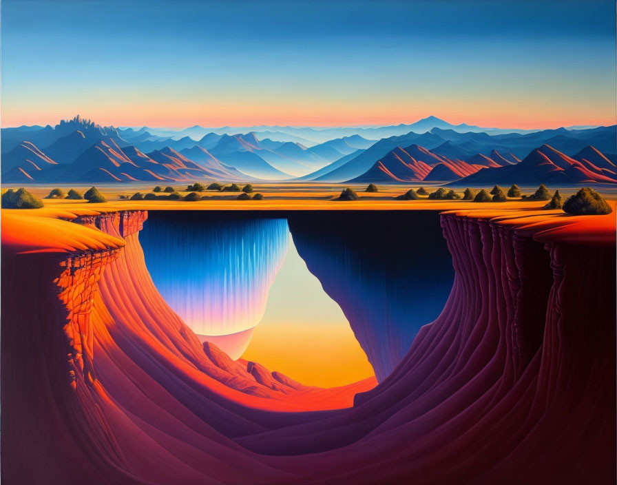 Surreal painting of layered rock formations with circular void and setting sun in mountainous landscape