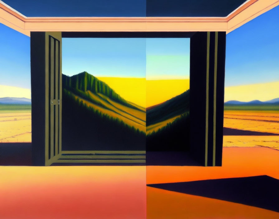 Surreal landscape art: Vibrant mountains at sunrise/sunset through geometric double doors