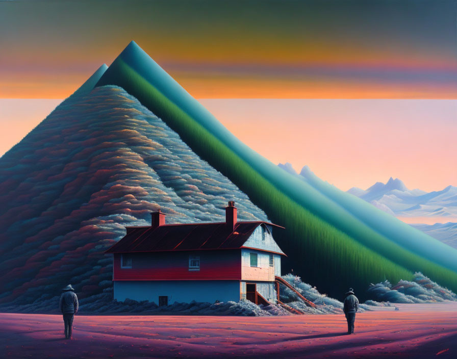 Surreal landscape: giant triangular mountain, red-roofed house, figures, gradient sky