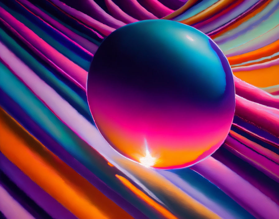 Colorful Iridescent Sphere on Glossy Background Lines