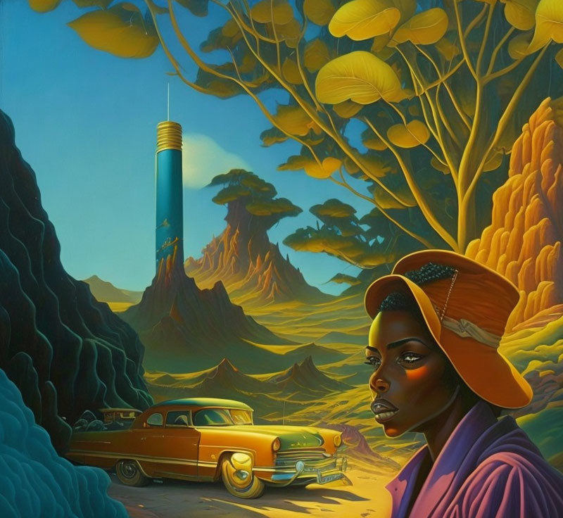 Stylized painting of woman, vintage car, futuristic tower in alien landscape