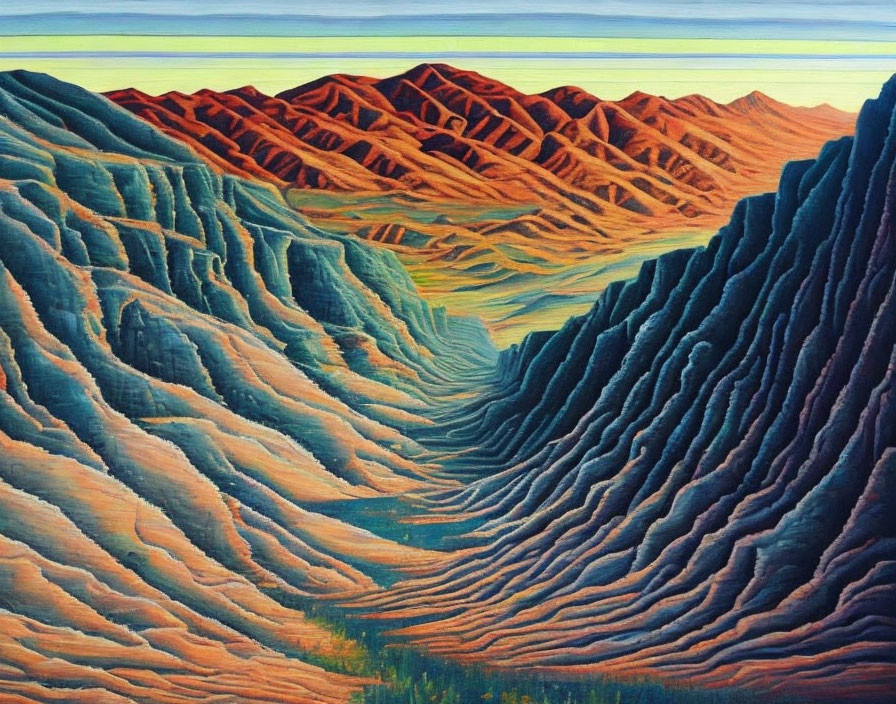 Colorful desert hills painting with textured layers in blue, purple, and orange.