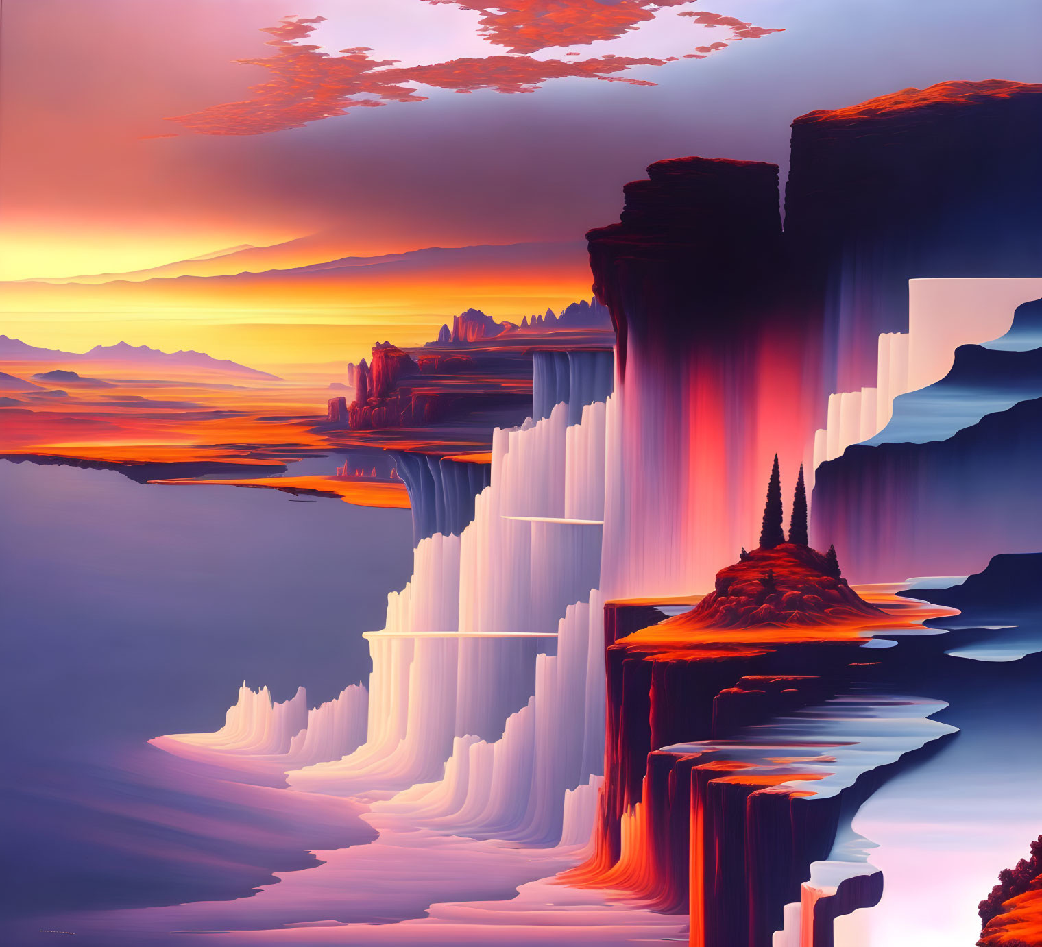 Vibrant surreal landscape with waterfalls, cliffs, and orange sky