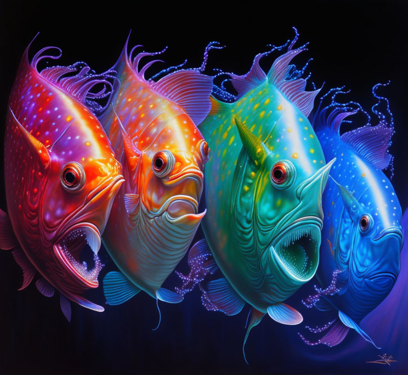 Colorful painting of four stylized fish in pink, orange, and blue hues