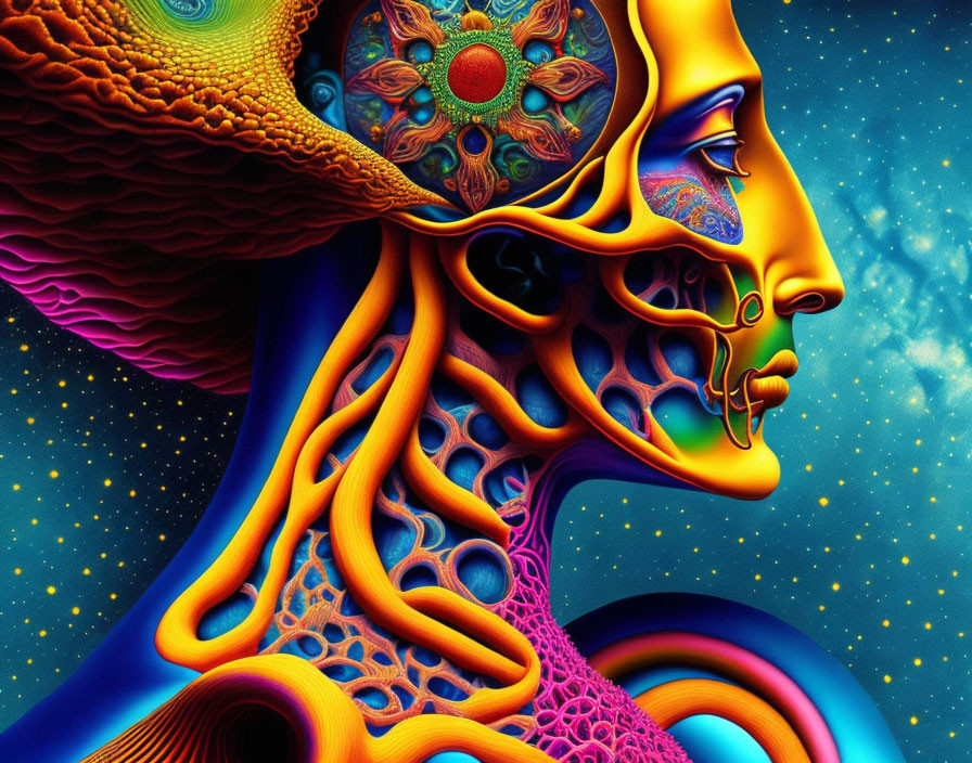 Colorful Psychedelic Human Face Profile Artwork with Abstract Fractal Elements