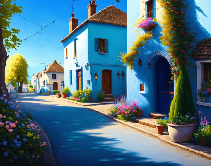 Picturesque Street Scene with Blue and White Houses and Colorful Flowers