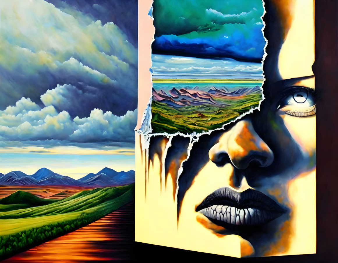 Surreal painting: landscape and face blend with torn paper layers