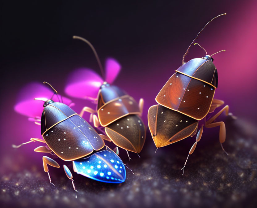 Stylized metallic beetles with glowing spots on purple background