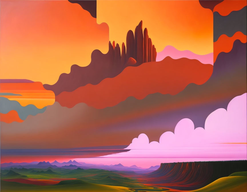 Vibrant layered hills in surreal sunset sky with dark rock formations