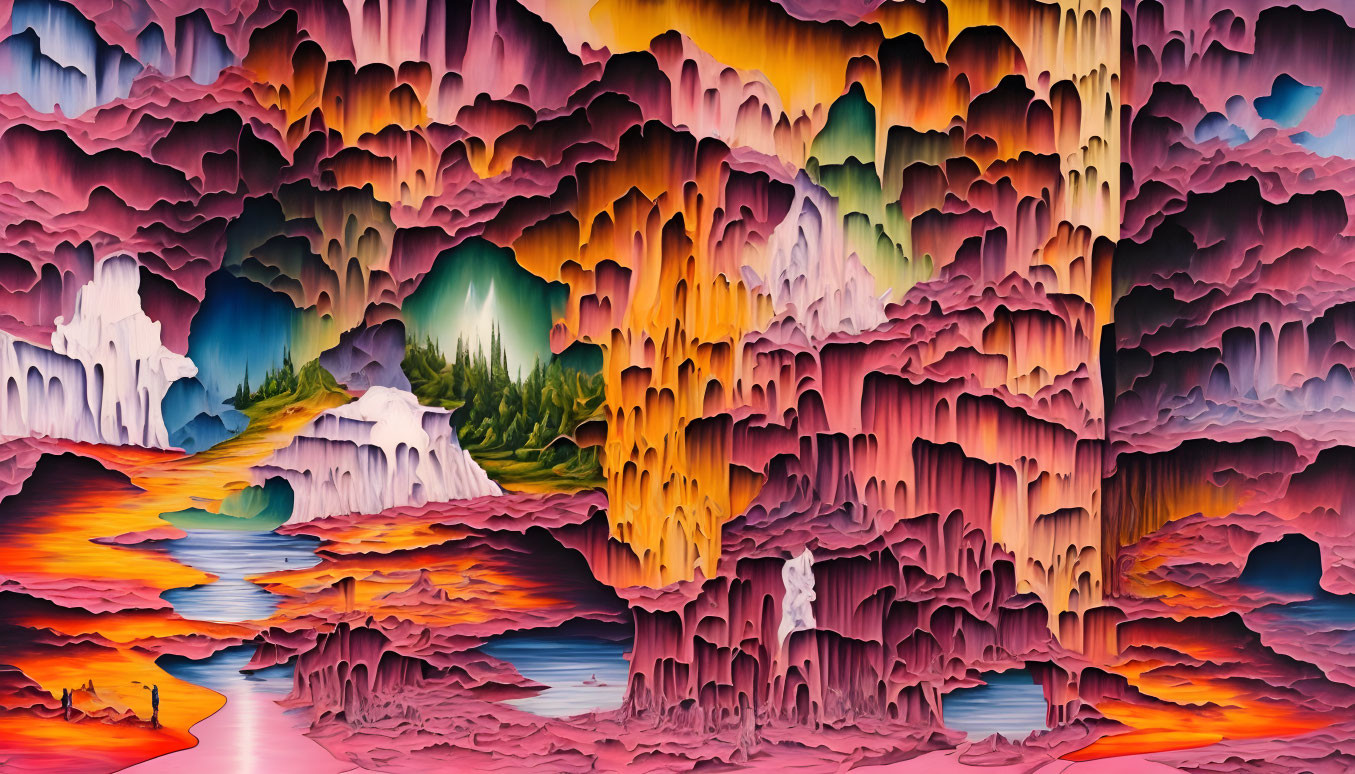 Colorful layered rock formations in surreal landscape