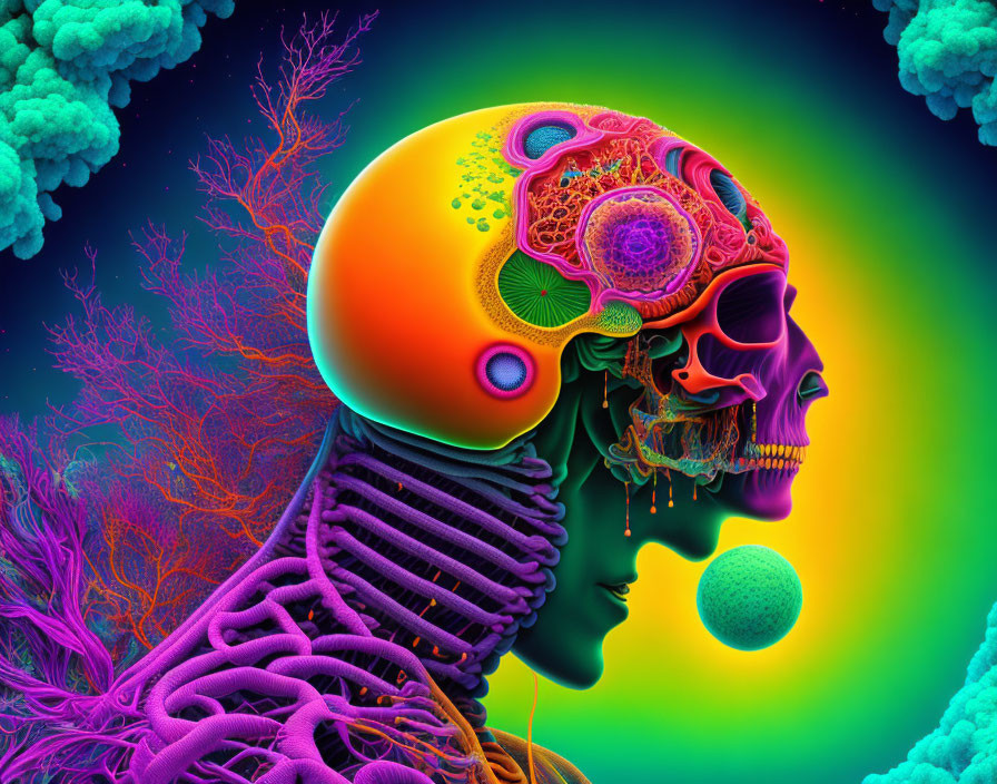 Colorful Psychedelic Human Profile with Skull and Brain Illustration