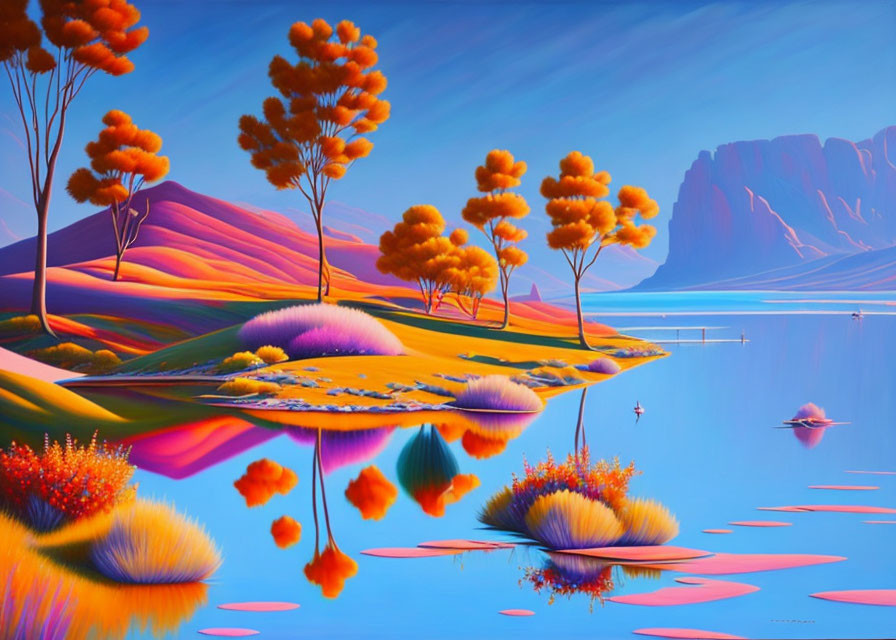 Colorful surreal landscape with orange trees, purple hills, and blue water.