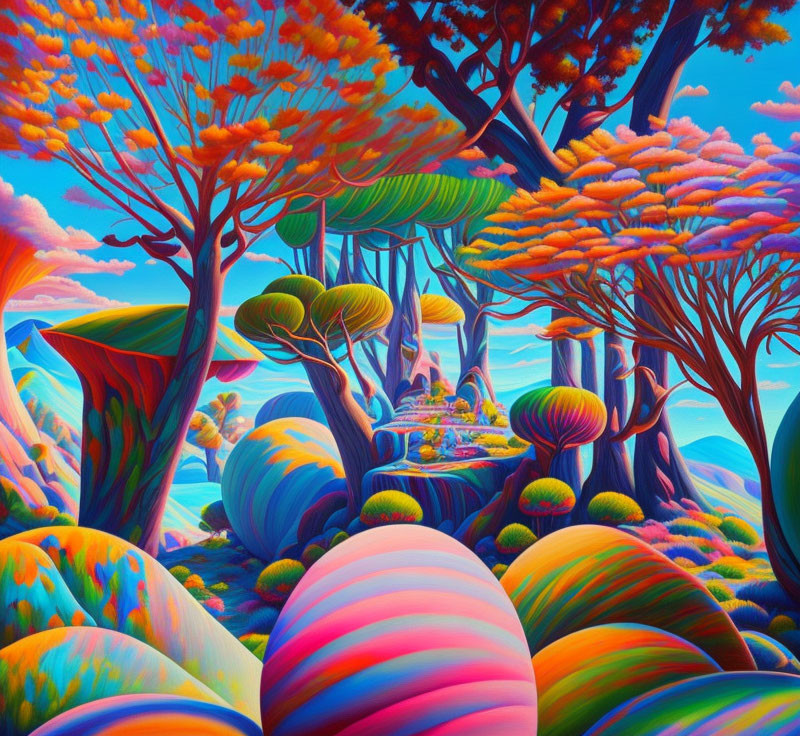 Colorful surreal landscape with whimsical trees and undulating hills