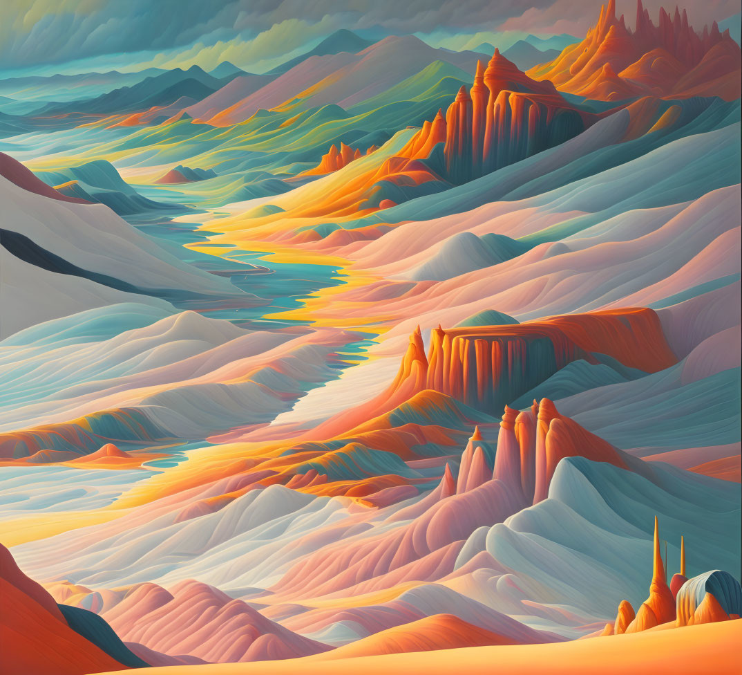 Colorful Stylized Landscape with Hills, Valleys & Rock Formations