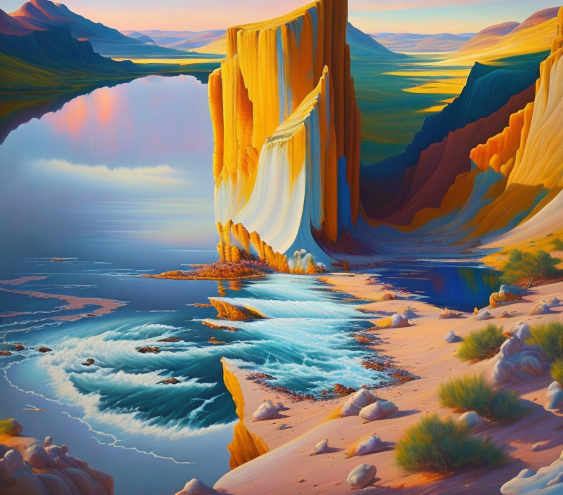 Surreal landscape with waterfalls, cliffs, and blue river in desert