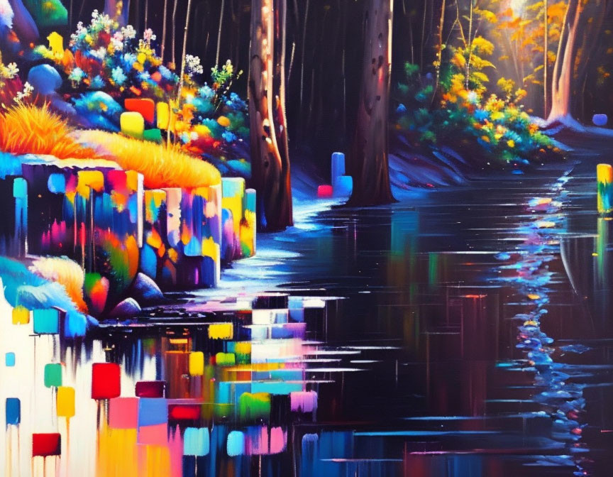 Colorful painting of magical forest with luminescent flora and reflective water