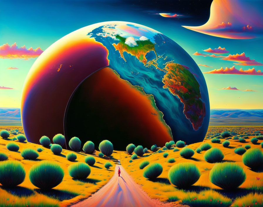 Surrealist painting: Oversized, peeled Earth in desert landscape