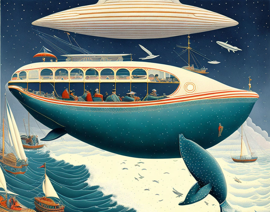 Illustration: Retro-futuristic airship over ocean with passengers, marine life, boats, star