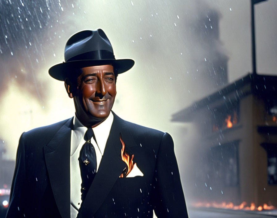 Man in fedora and suit with lit match on jacket, snowflakes and flames in background