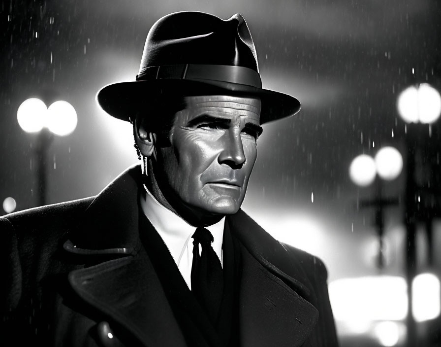 Monochrome image of man in fedora and trench coat in rainy night