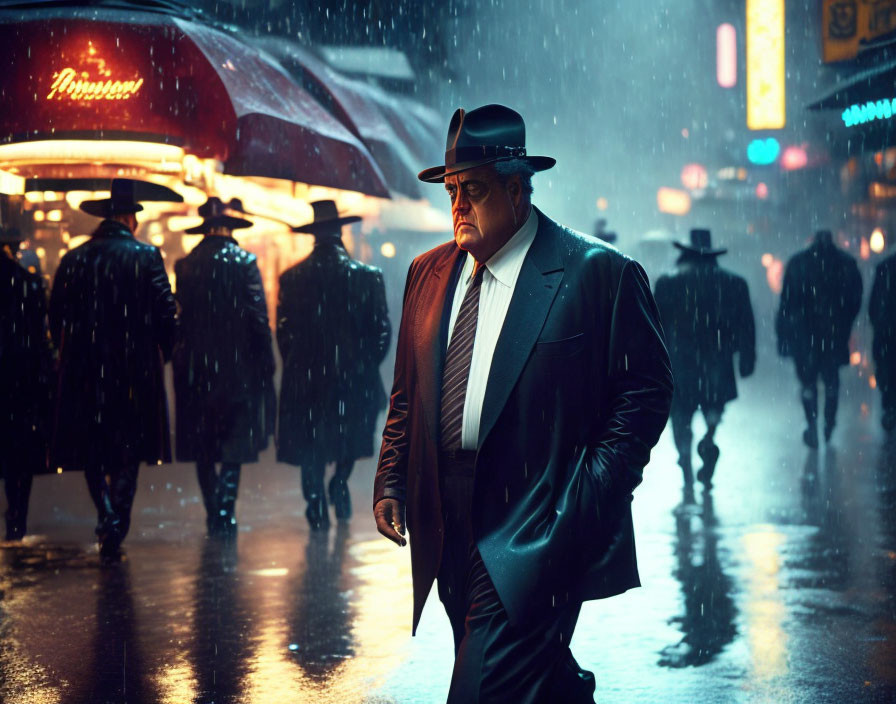 Man in suit and fedora walks on neon-lit, rainy street with silhouettes of pedestrians