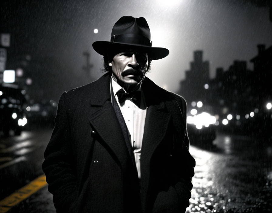 Man in suit and hat stands in rainy night with blurred city lights