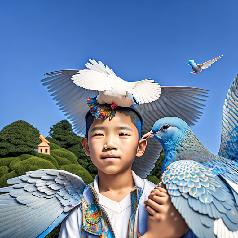 Serene boy with white dove and blue pigeon under clear sky