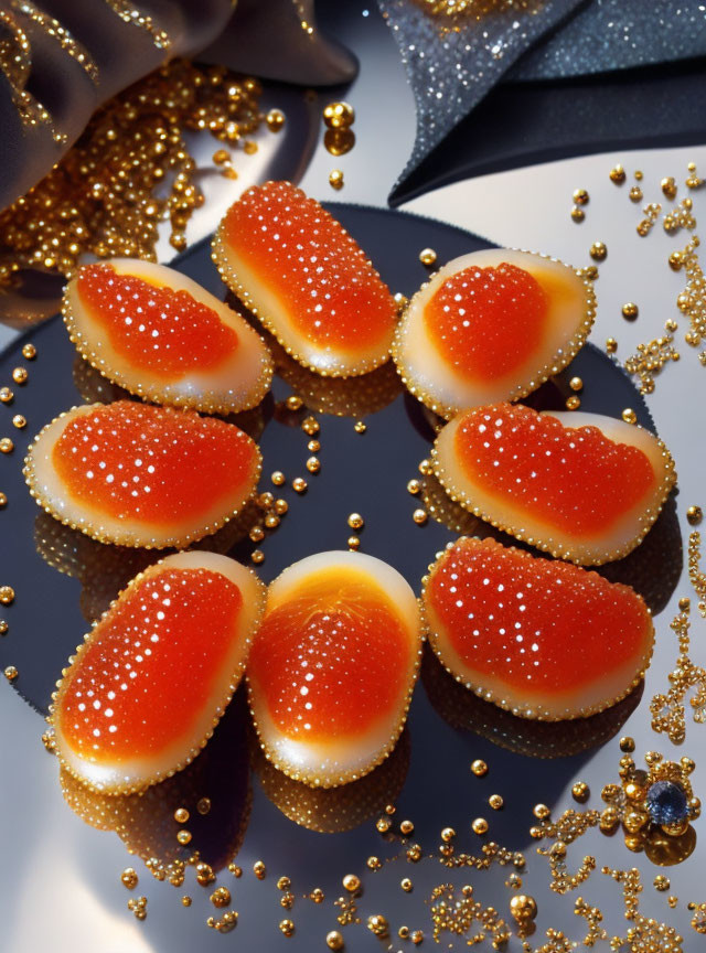 Heart-shaped jelly candies with sugar beads on golden spheres and black fabric