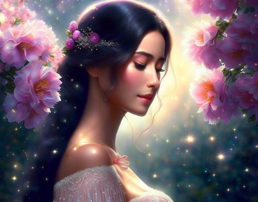 Digital Art: Serene Woman with Dark Hair and Flowers in Pink Blossoms