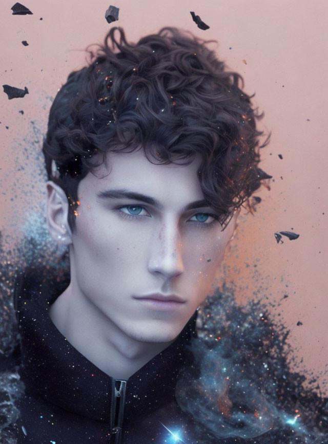 Digital artwork: Person with curly hair, blue eyes, black turtleneck, floating speckles