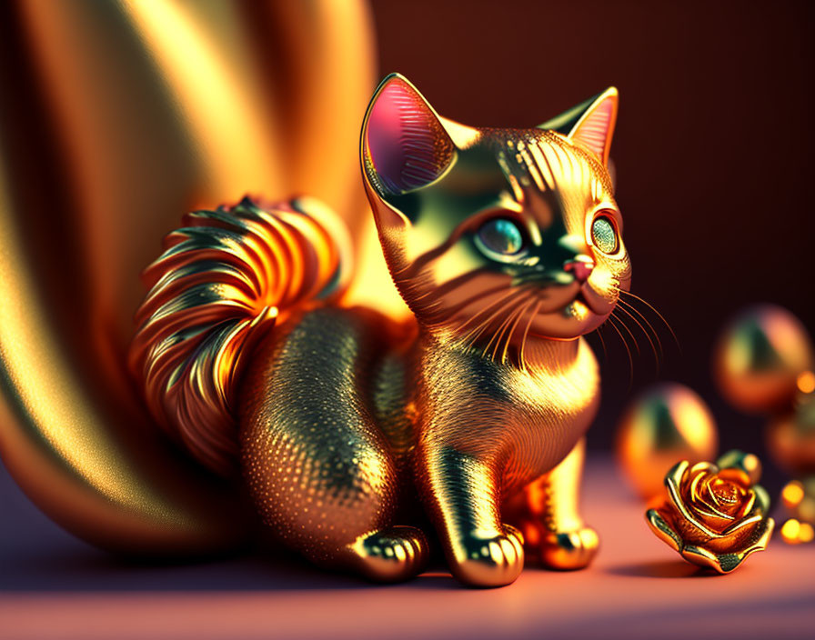 Intricate metallic gold cat illustration with rose and spheres