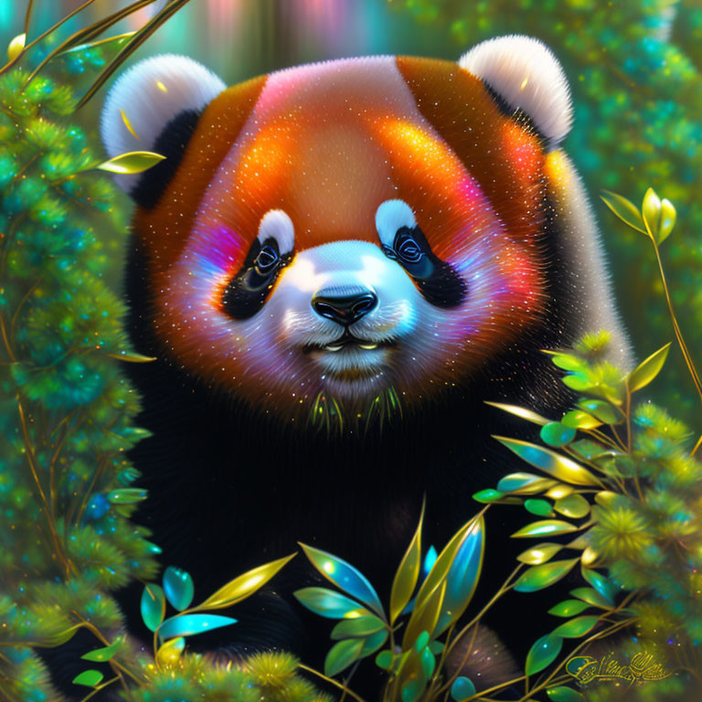 Colorful Illustration of Red Panda in Lush Greenery